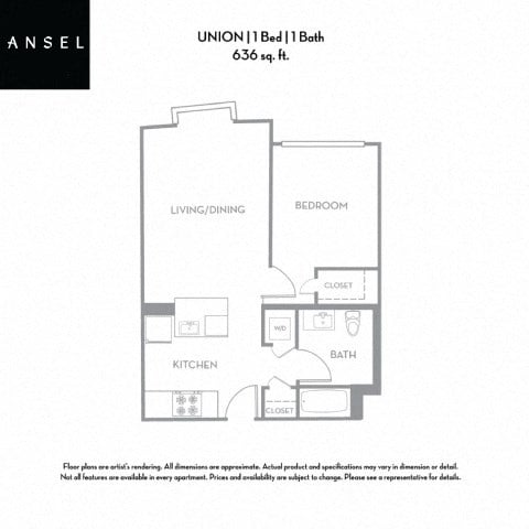 Floor plan for 1 bed, 1 bath, 636 sqft
